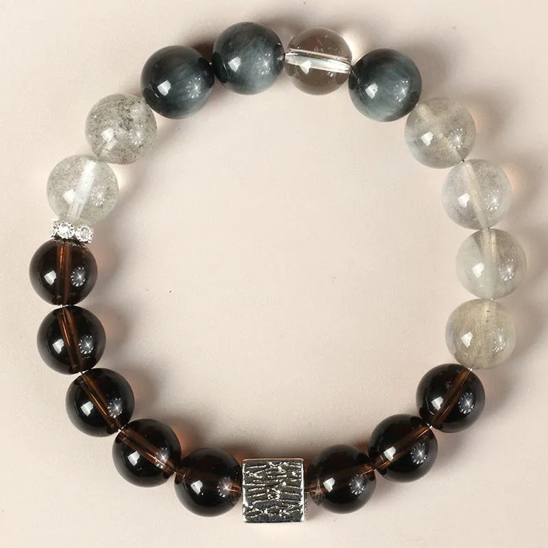 Chinese style geometric crystal couple bracelet with 10mm khaki beads
