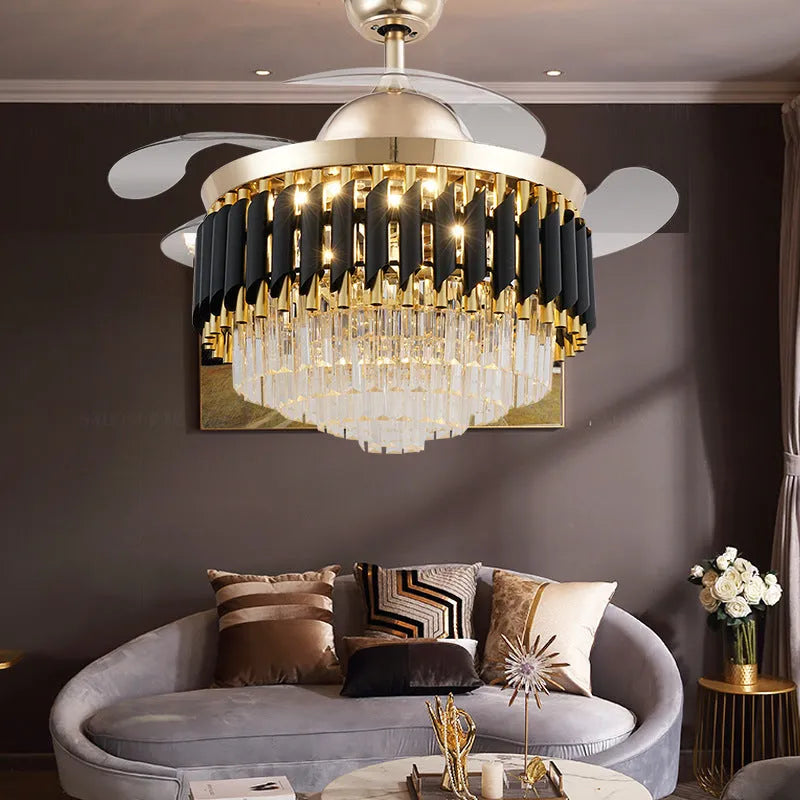 Crystal chandelier ceiling fan light with remote control in 42 inch and 48 inch size options