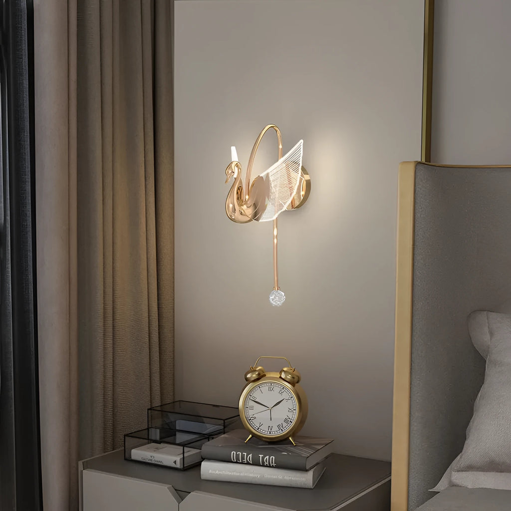 Modern gold swan neck bedside wall lamp with an acrylic shade and dimmable LED light.