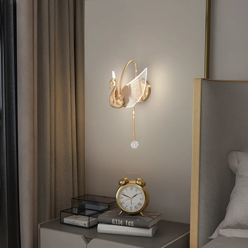 Modern gold swan neck bedside wall lamp with an acrylic shade and dimmable LED light.
