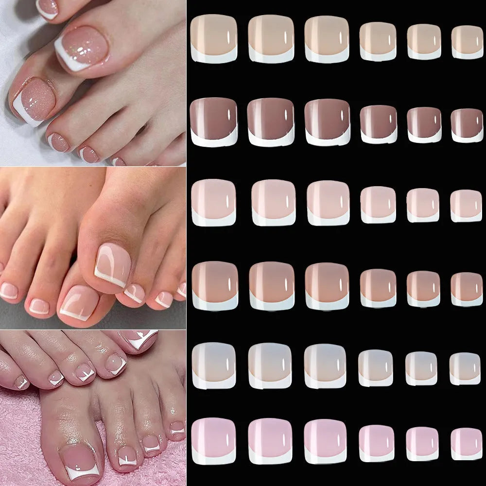 Open box showing 120 French white edge nude square false toe nail pieces in various shades.