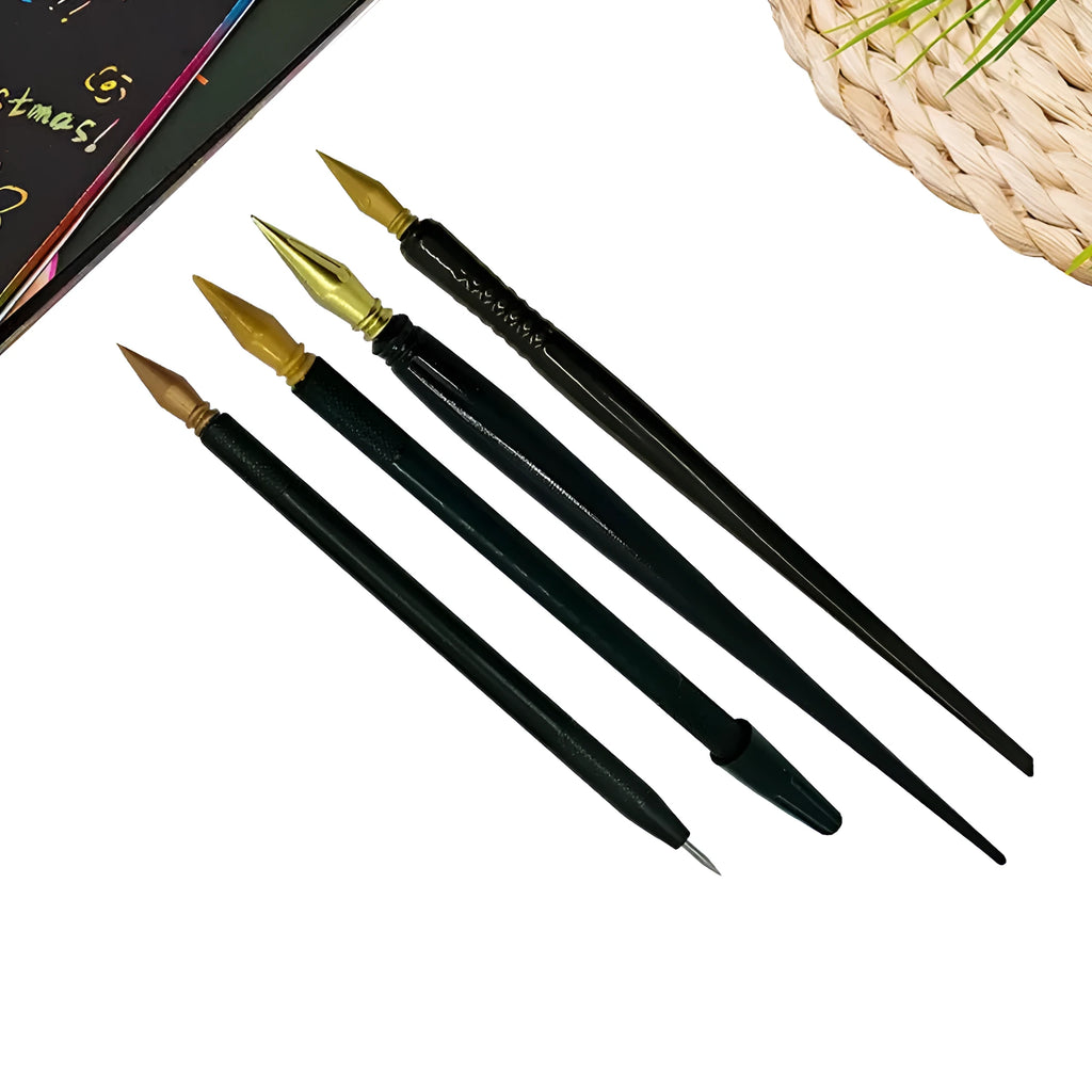 A white PS plastic scratch pen for children's rainbow drawing and art projects on black paper.