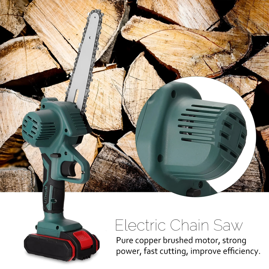 Green mini electric chainsaw with a 4-inch bar held in one hand, showing its compact and lightweight design.