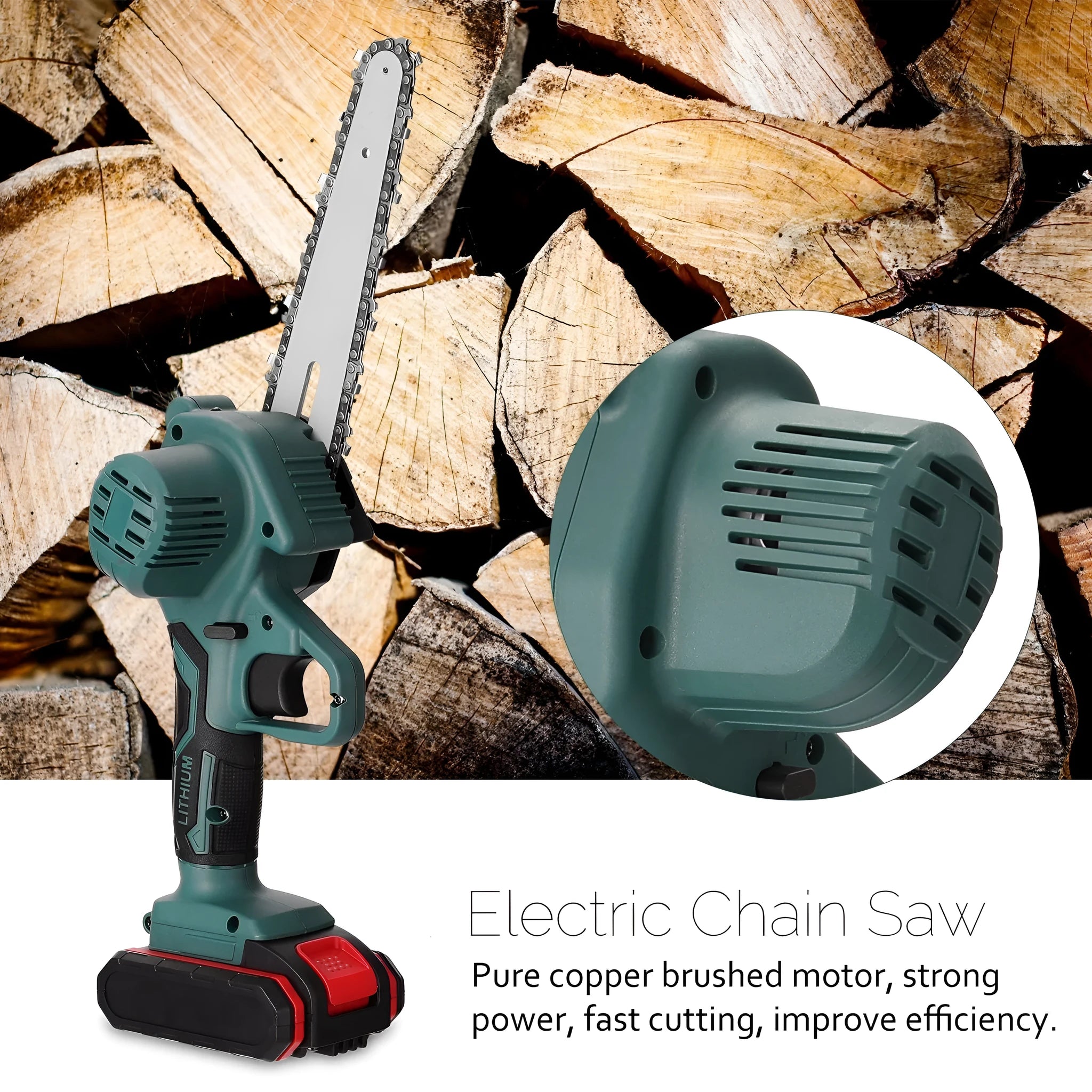 Green mini electric chainsaw with a 4-inch bar held in one hand, showing its compact and lightweight design.