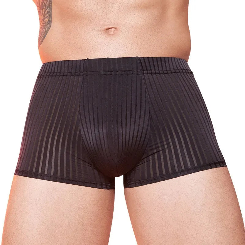 Men's striped underwear in thin nylon fabric, shown in black, white, and dark grey colours.