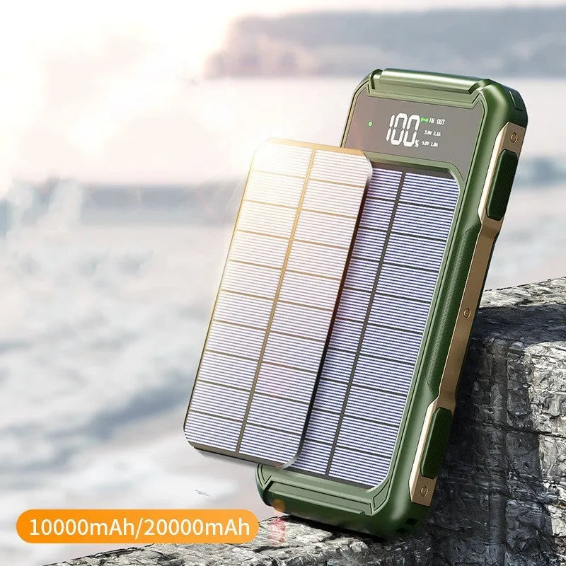 Black military grade portable power bank showing front panel with capacity rating and ports.