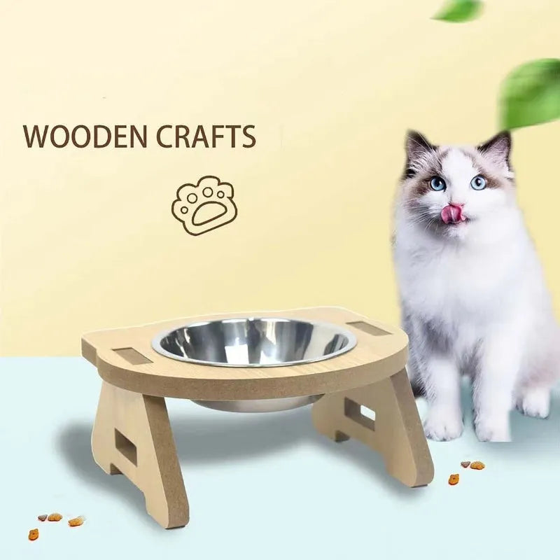 Wooden platform cat feeder holding a stainless steel food bowl and water bowl.