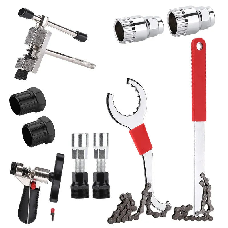 Iron bicycle repair tool set with chain cutting device and central shaft puller for mountain bike maintenance