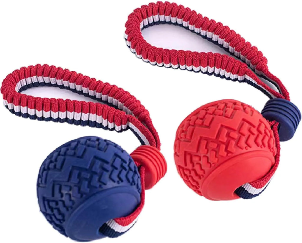 Blue natural rubber dog ball attached to a rope for tug-of-war and dental cleaning.