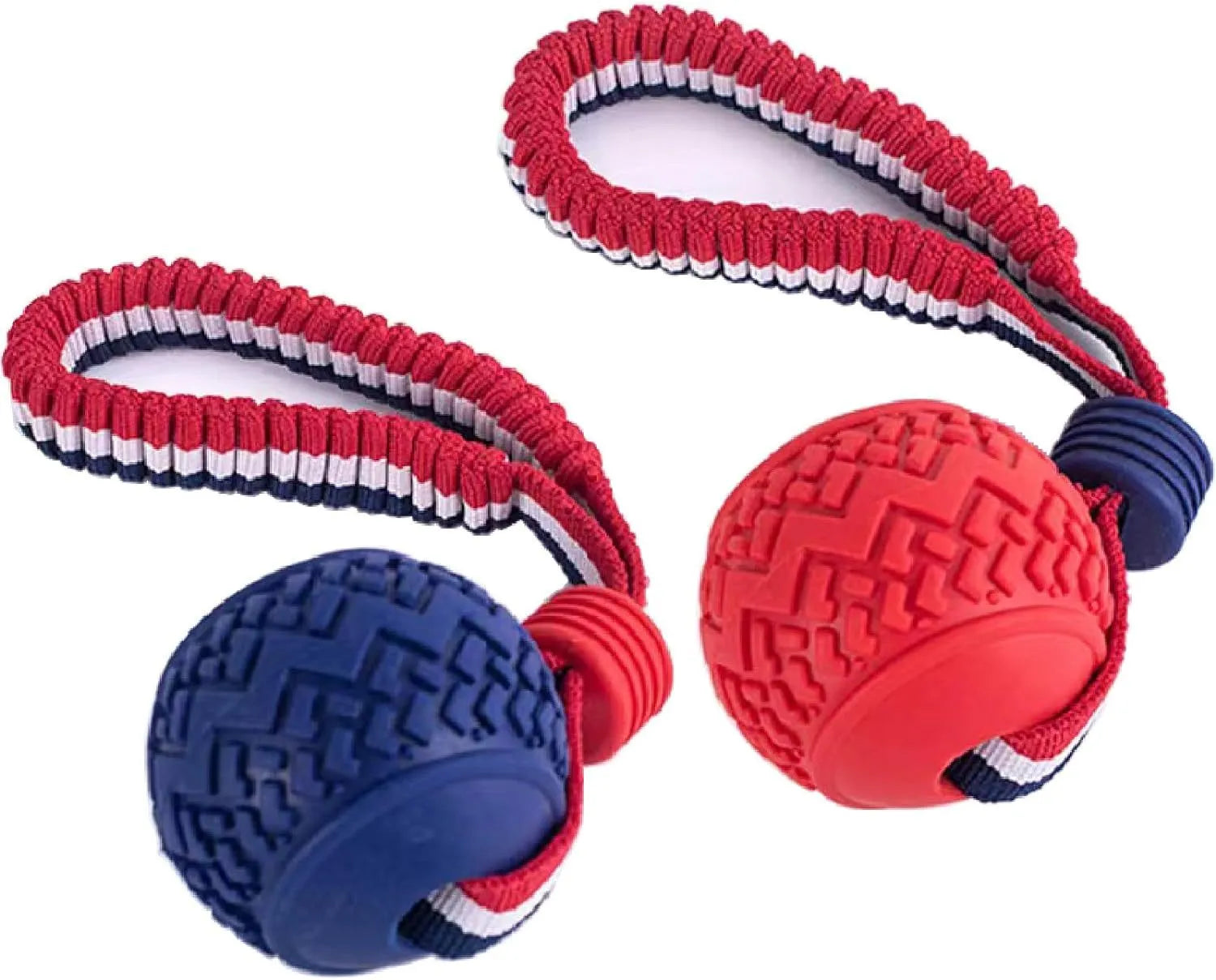 Blue natural rubber dog ball attached to a rope for tug-of-war and dental cleaning.