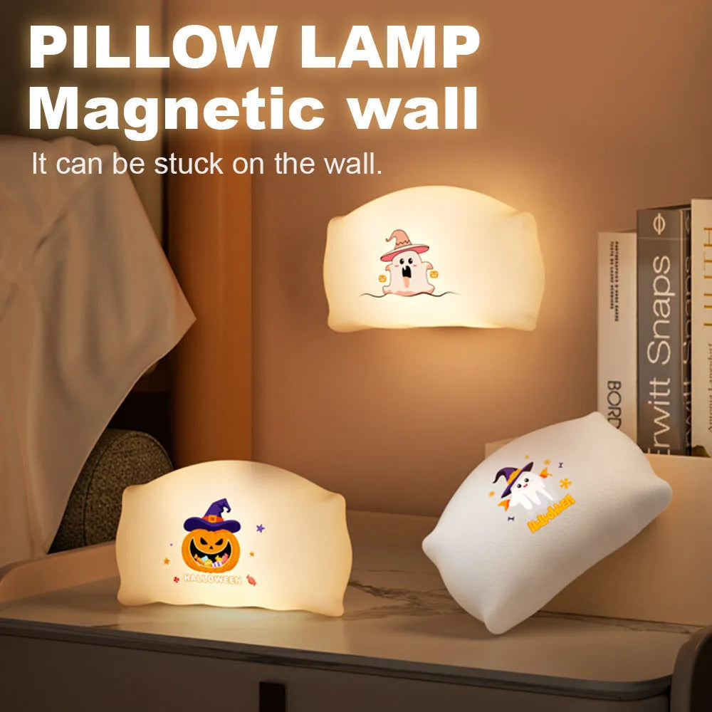 Cartoon Halloween doll bedside table lamp in magic ghost colour with warm light glow.