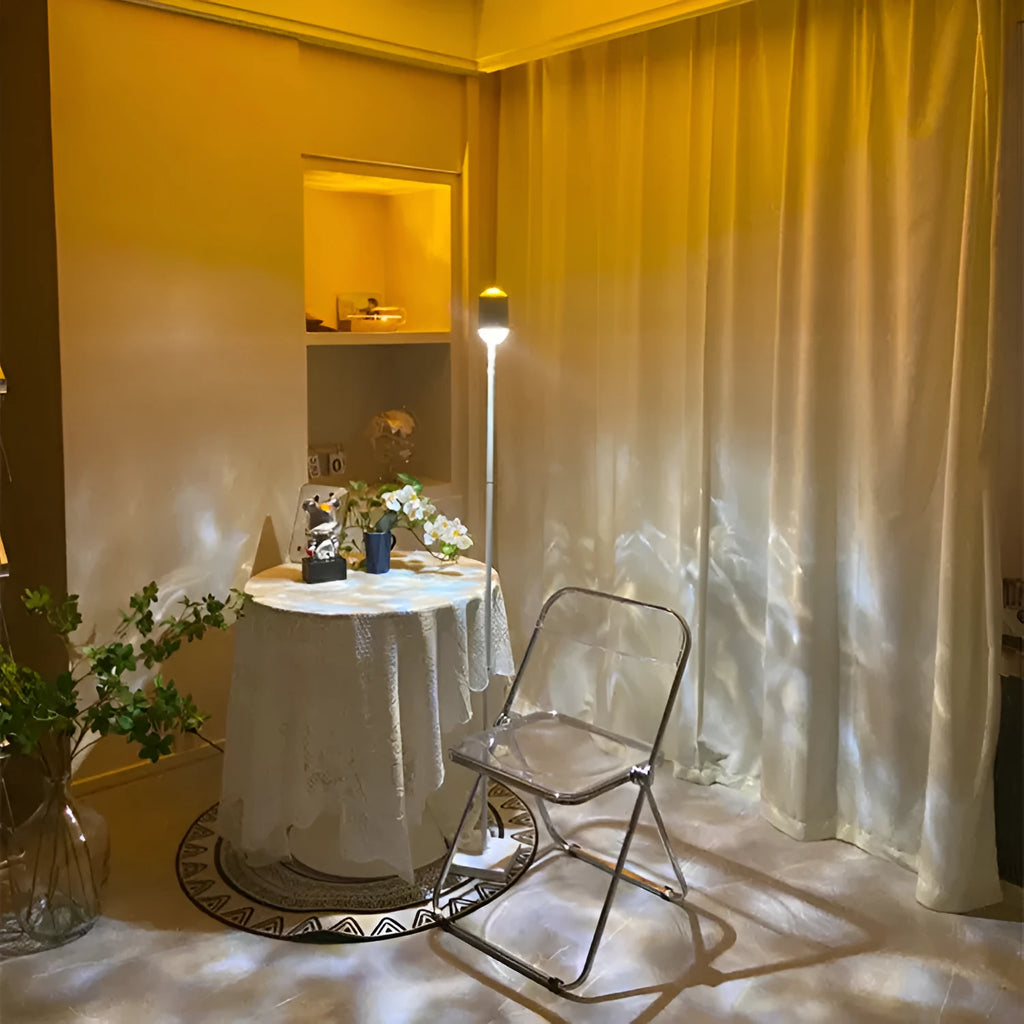 Modern sunset red floor lamp projecting a water wave light pattern on a wall, with four colour cards shown alongside.