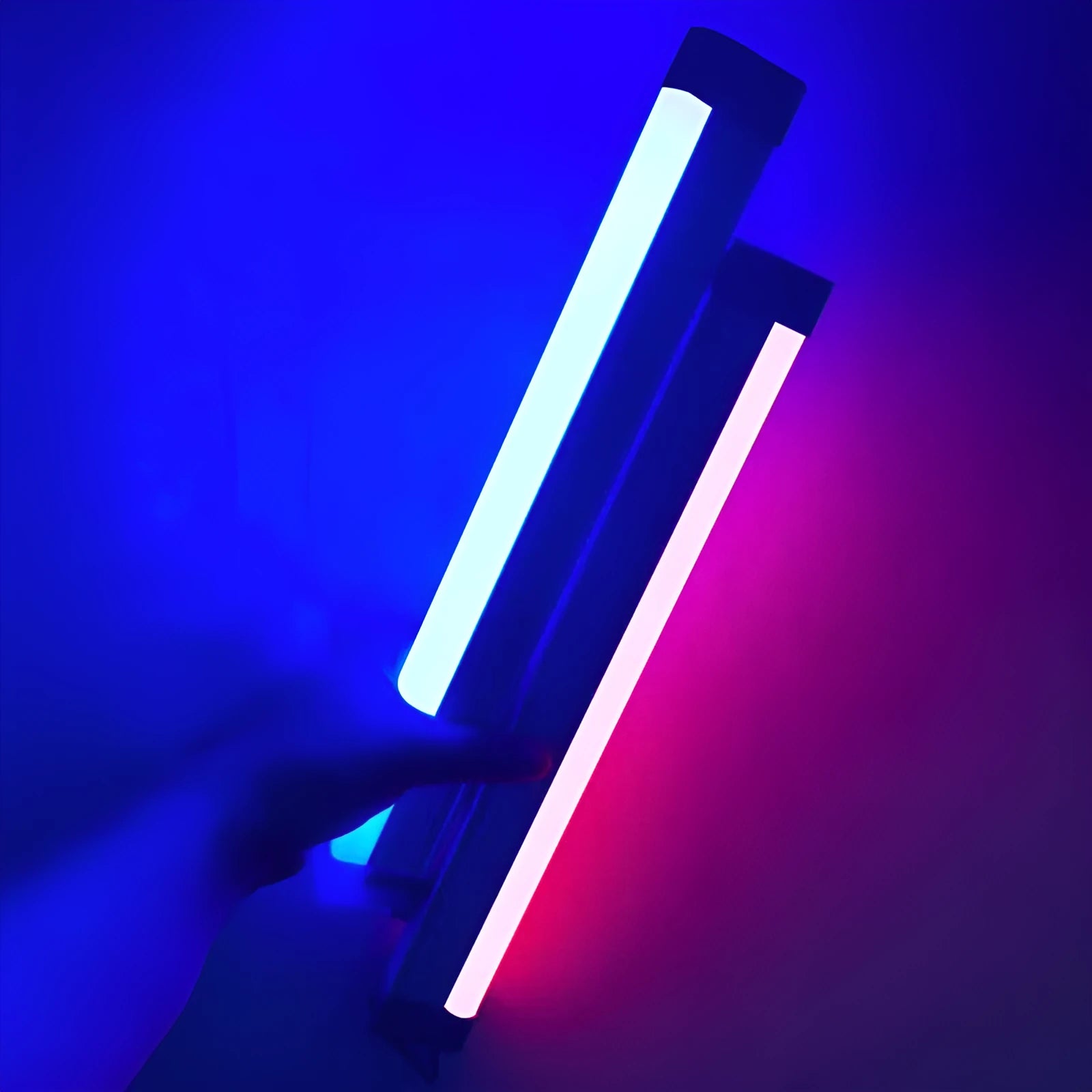 Blue and purple rechargeable LED tube stick light with dimmable settings.
