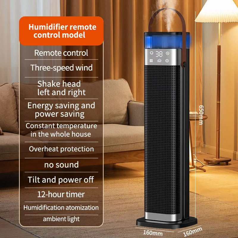 Tall vertical tower heater with humidification function and remote control on a wooden floor.