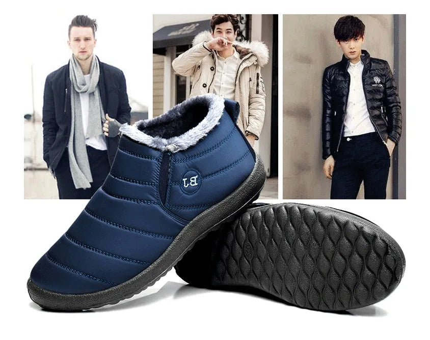 Men's waterproof snow boots with plush lining, non-woven upper, EVA outsole, slip-on ankle design.
