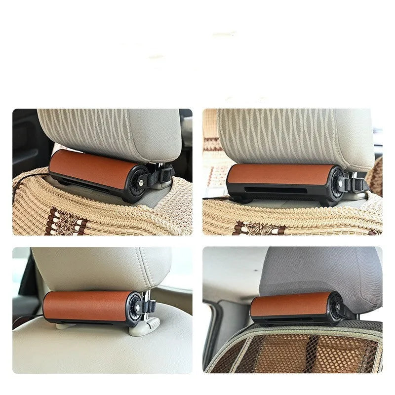 Compact black bladeless car fan mounted on a dashboard with USB cable connected.