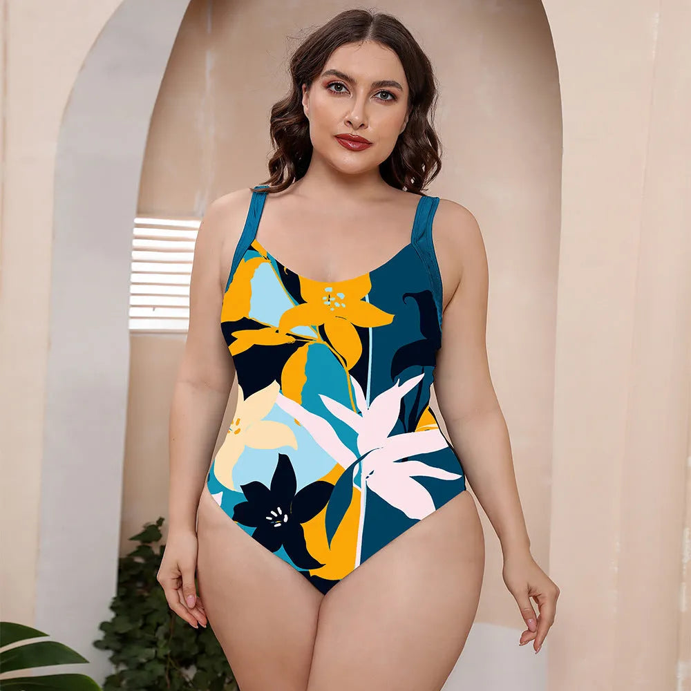 Floral print one-piece swimsuit with spaghetti straps and conservative vest design