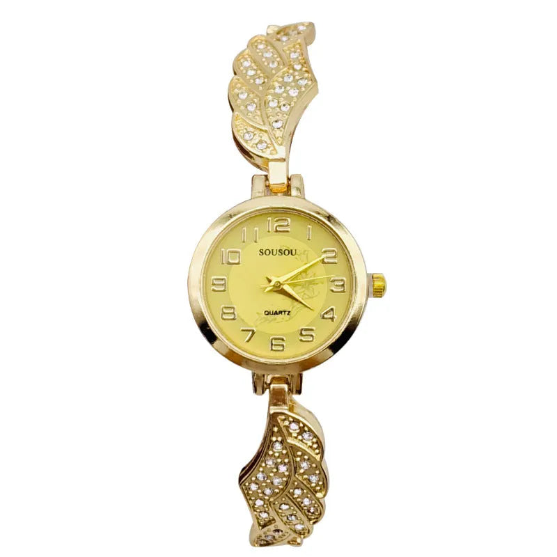 Women's stainless steel watch with round dial, available in gold, golden white, or golden black surface options