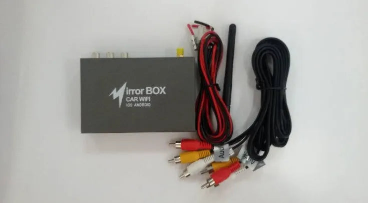 Black car mirror link box with Wi-Fi converter, power cable, antenna, AV cable, and user manual.