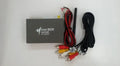 Black car mirror link box with Wi-Fi converter, power cable, antenna, AV cable, and user manual.