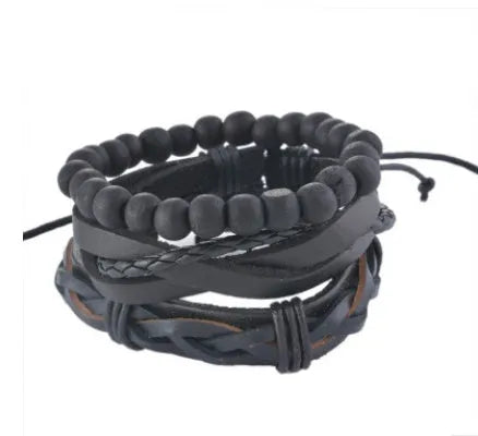Handmade adjustable leather bead bracelet with multilayer design featuring cowhide leather, wooden beads, and woven ropes