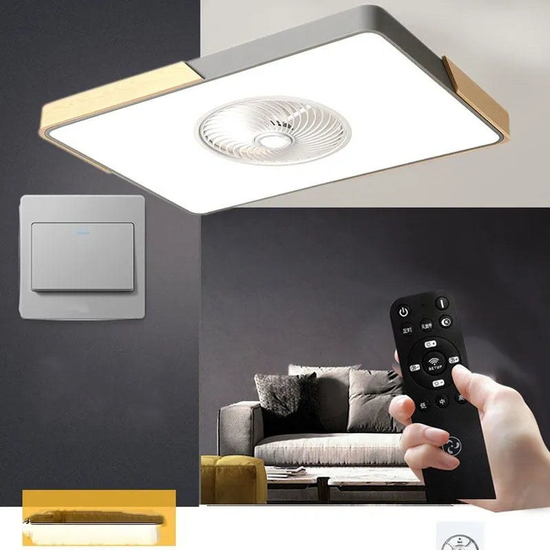Nordic ceiling fan lamp with light and solid wood base in rectangular, round, and square designs