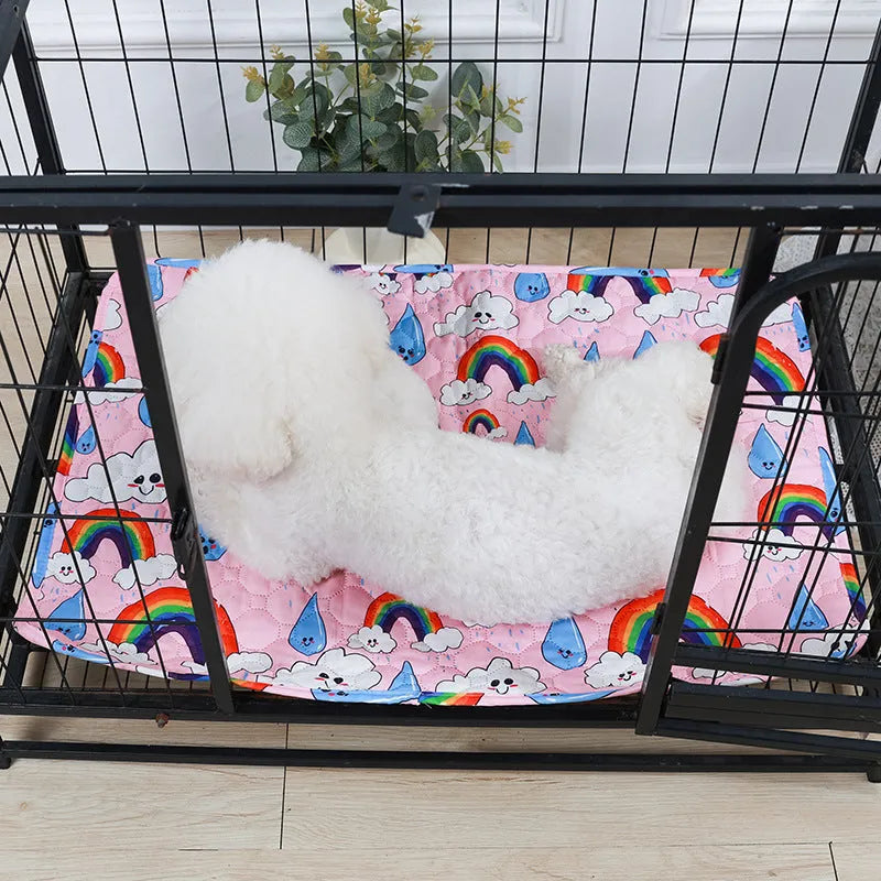 Washable waterproof pet training pad showing printed design options and size comparison