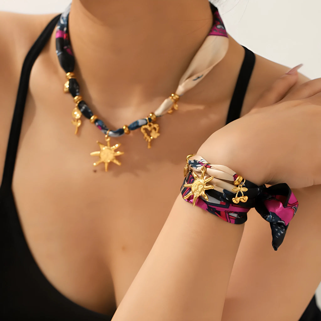 Sunflower necklace and ribbon bracelet set in stainless steel, children's jewellery in two colour options.