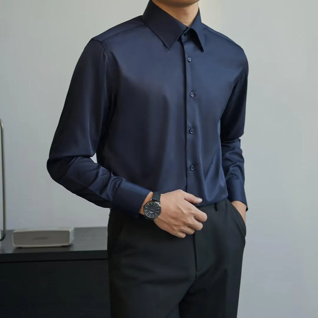 Men's black Korean style slim fit long sleeve shirt with Japanese retro design as autumn cardigan