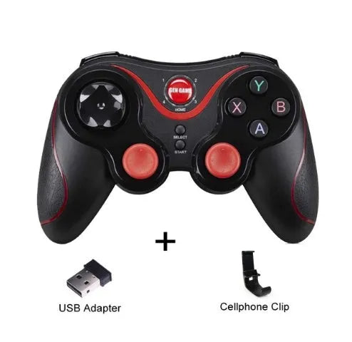 Upgraded X3 Bluetooth wireless game controller for Android phones in black or white, shown with a mobile phone clip accessory.
