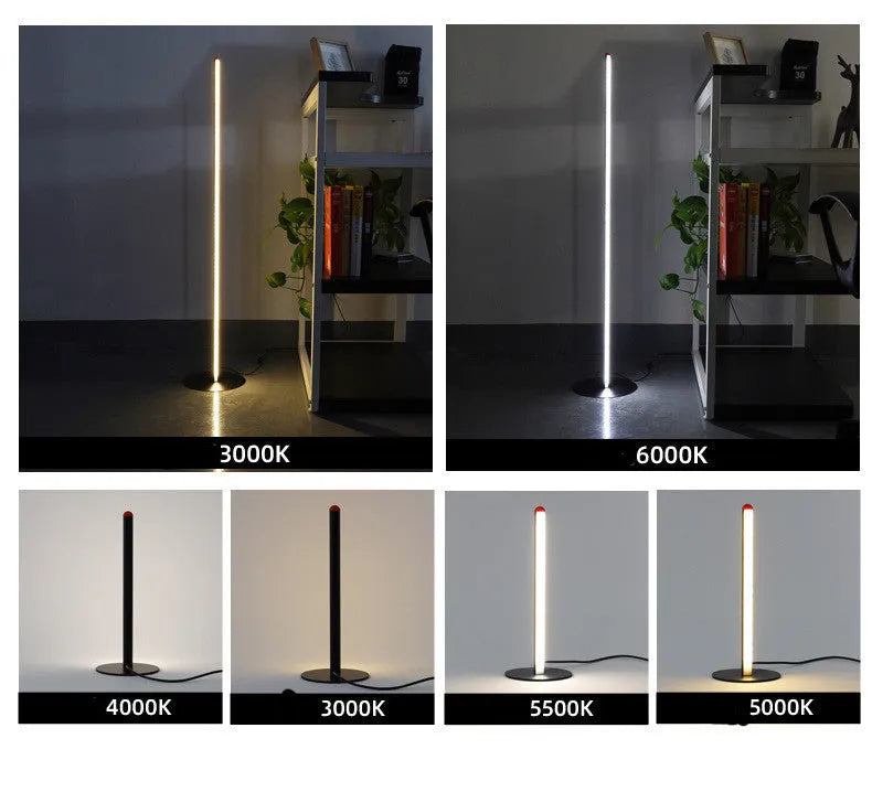 Simple vertical aluminium alloy floor lamp with a USB plug, shown beside a sofa.