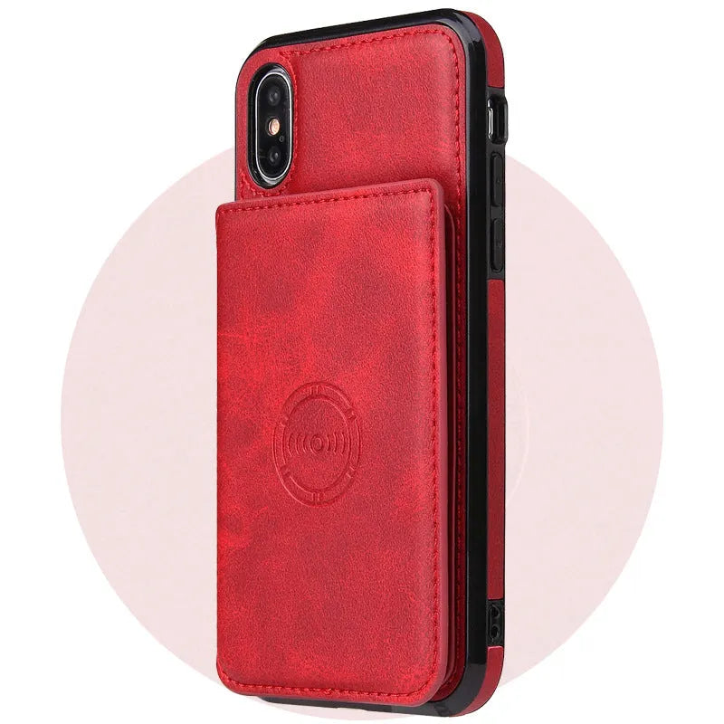 Imitation leather card wallet phone case for iPhone in solid colours like black and blue, showing card slot.