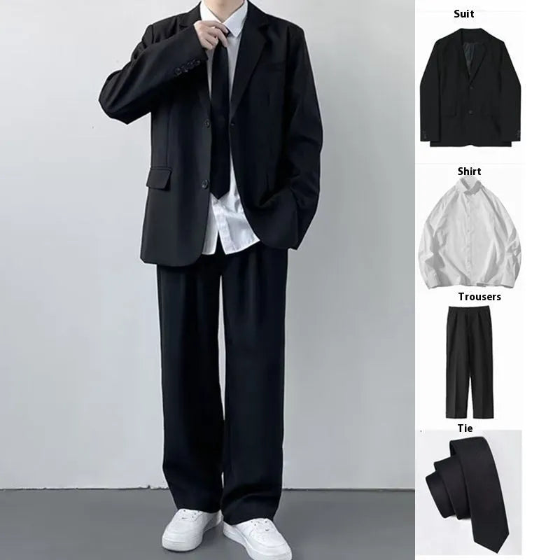 Plus size men's college style suit jacket in polyester with trousers, white shirt, and tie.