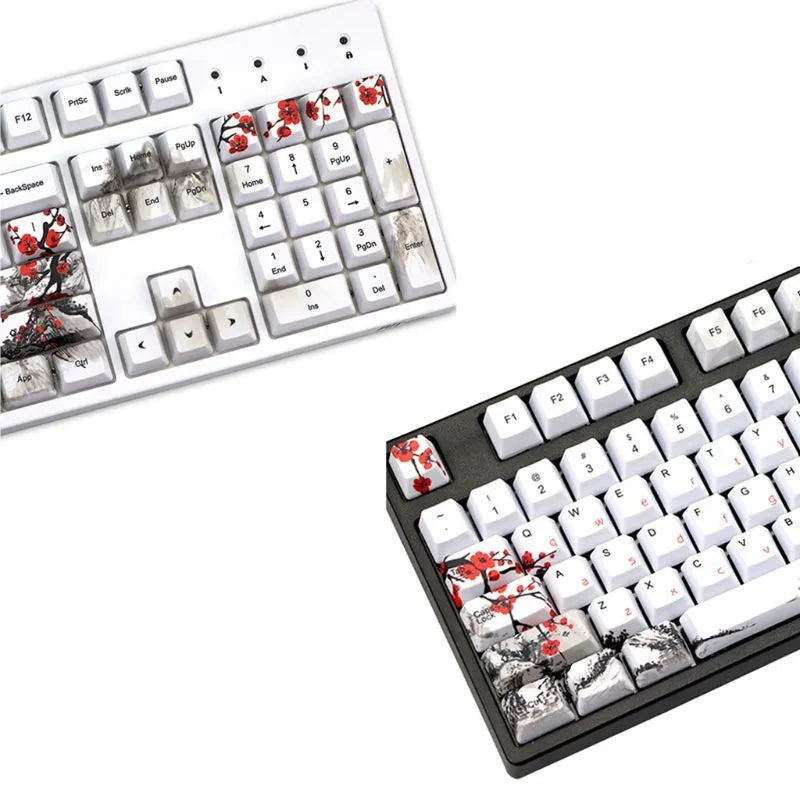 PBT Wangjiang plum blossom themed 109-key keycap set for mechanical keyboards, showing Korean and Japanese legends.