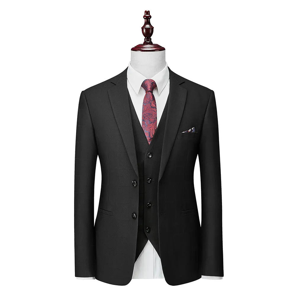 Men's navy blue plaid slim fit three-piece suit with jacket, vest and trousers on hanger