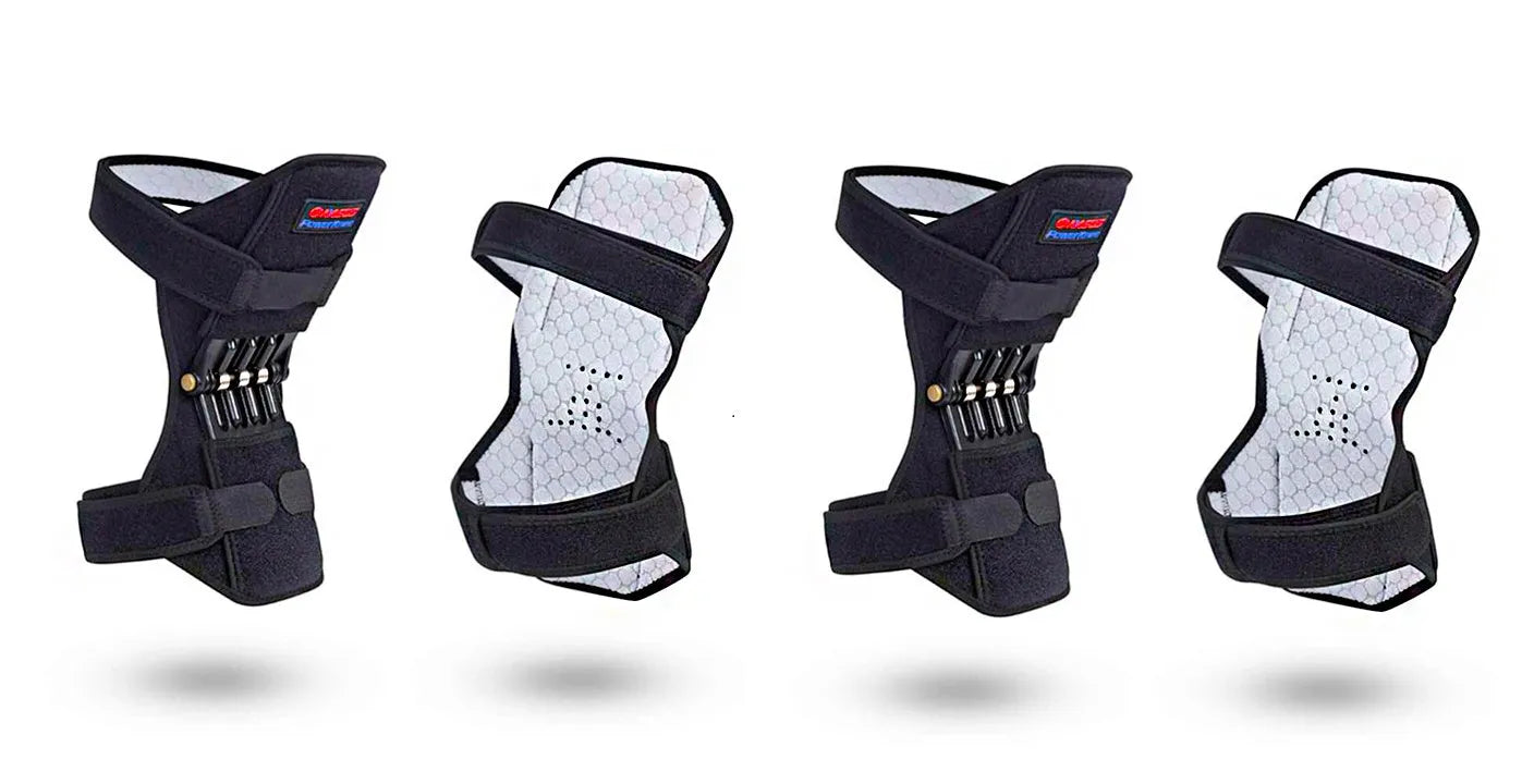 Adjustable spring knee brace support for mountaineering and sports, shown in black with breathable fabric.