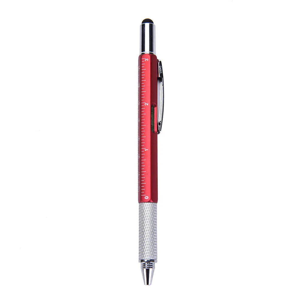 6 in 1 multi-function touch screen stylus ballpoint pen with screwdriver tips and spirit level in black