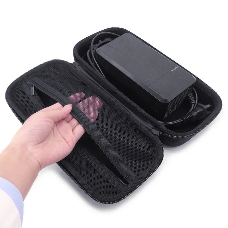 EVA hard shell motorcycle charger storage bag in black with sewn construction, side view interior showing padded interior