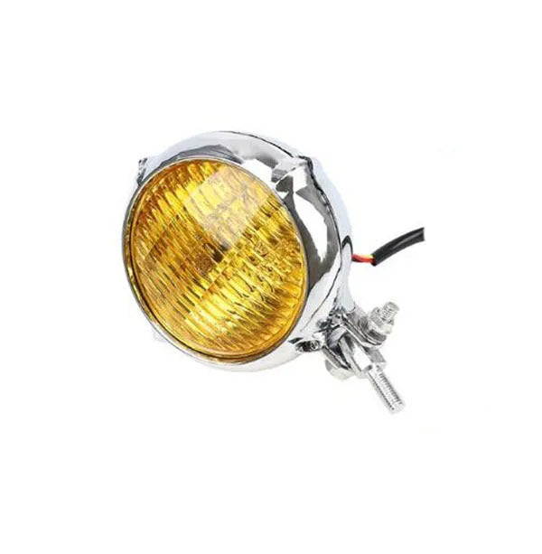 Black retro Harley-style halogen headlight for cars with yellow glass lens.
