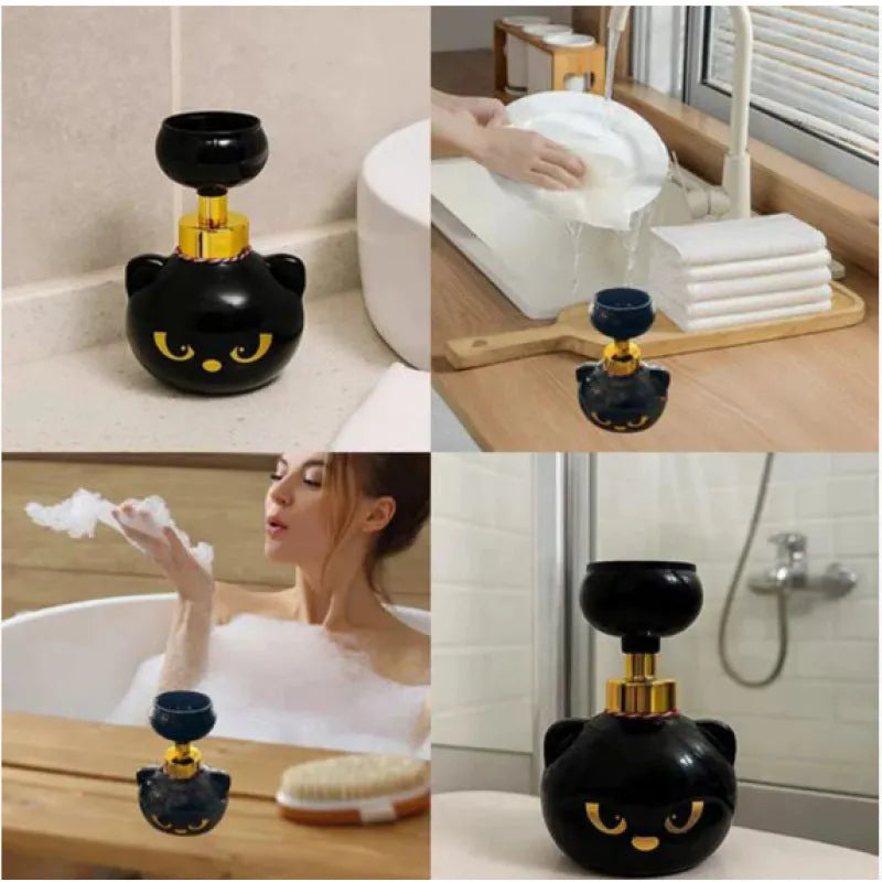 Black cat cartoon foam soap dispenser with plastic manual pump mechanism