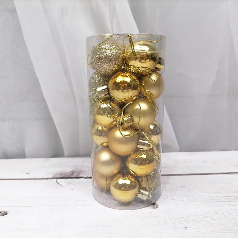Set of 24 shiny and matte finish Christmas ball ornaments in assorted colours, each 3cm in diameter.