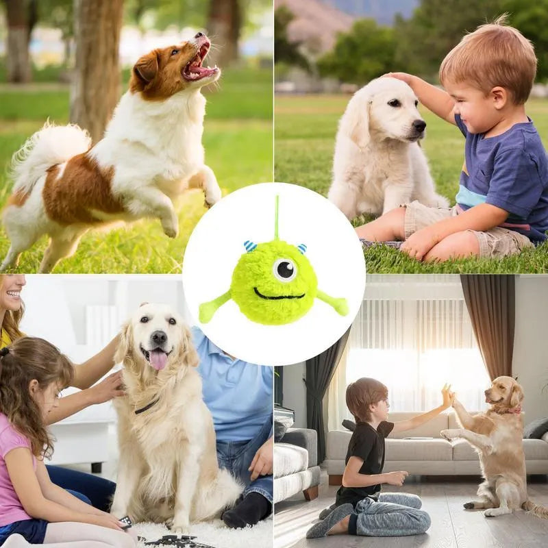 Green interactive dog toy ball with sound activation for teething and chewing