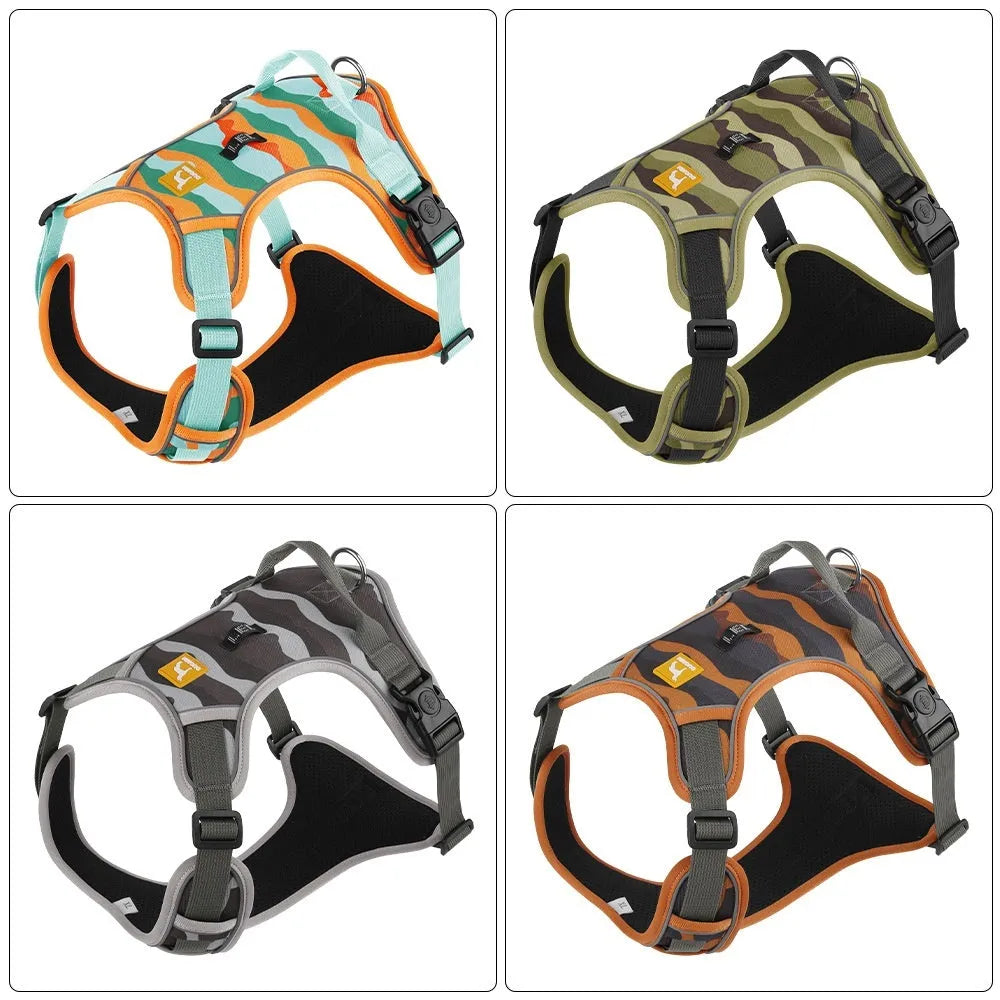 Reflective orange dog harness and lead set with chest and back straps held in a hand.