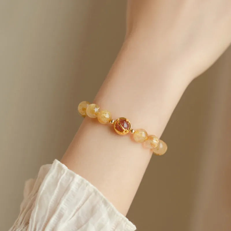 Natural gold rutilated quartz crystal bracelet with diamond-shaped beads in Korean style
