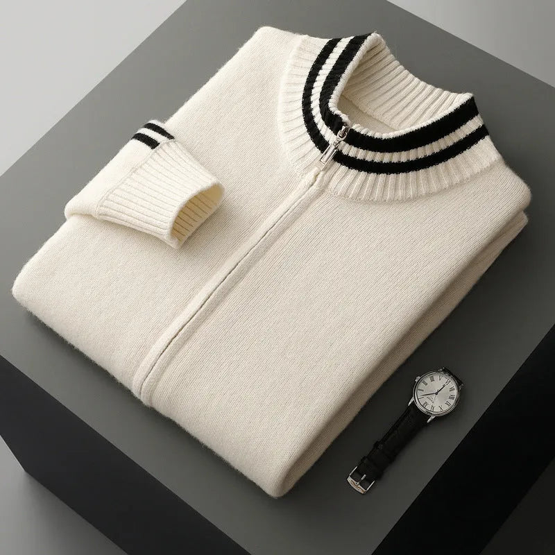 Men's half-high collar striped knitted cardigan sweater in white, front view showing slim fit and all-matching pattern