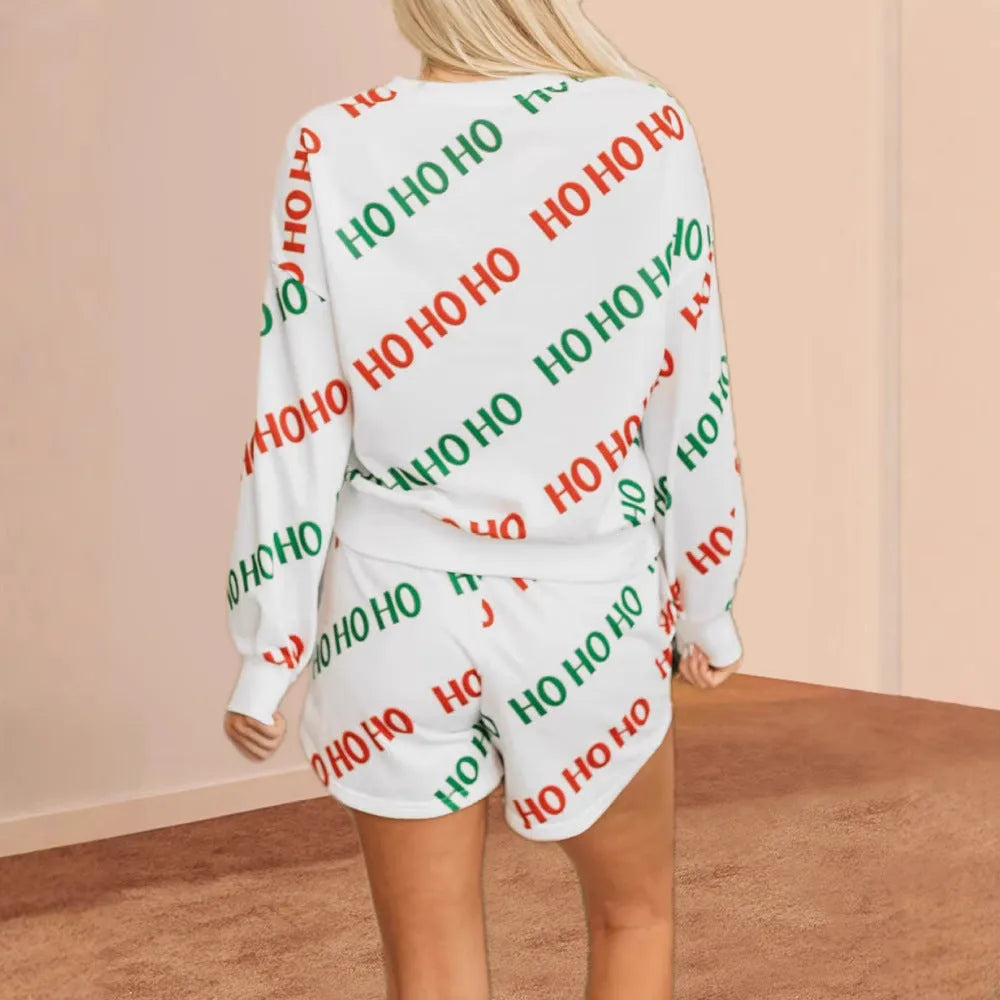 Women's white polyester two-piece suit with letters printed design and long sleeves