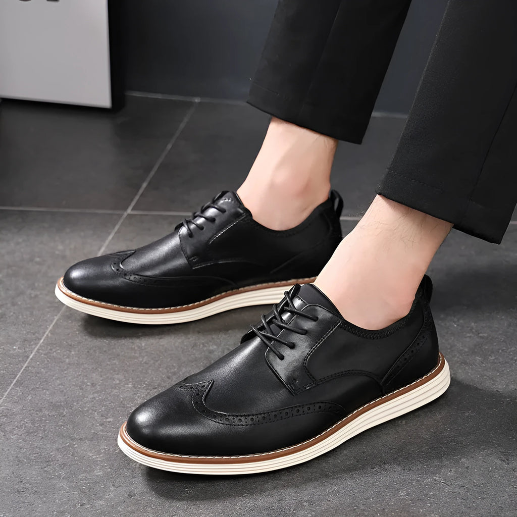 Men's black and brown slip-on casual shoes with a round toe and low-top PU upper.