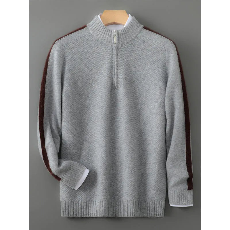 Half-zip round neck sheep wool knitted sweater in slim fit, shown in one of four colour options.