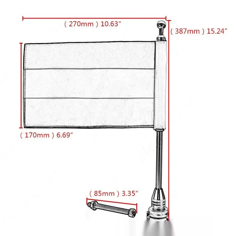 Side box bumper flagpole for motorbike luggage racks in black aluminium and silver steel options