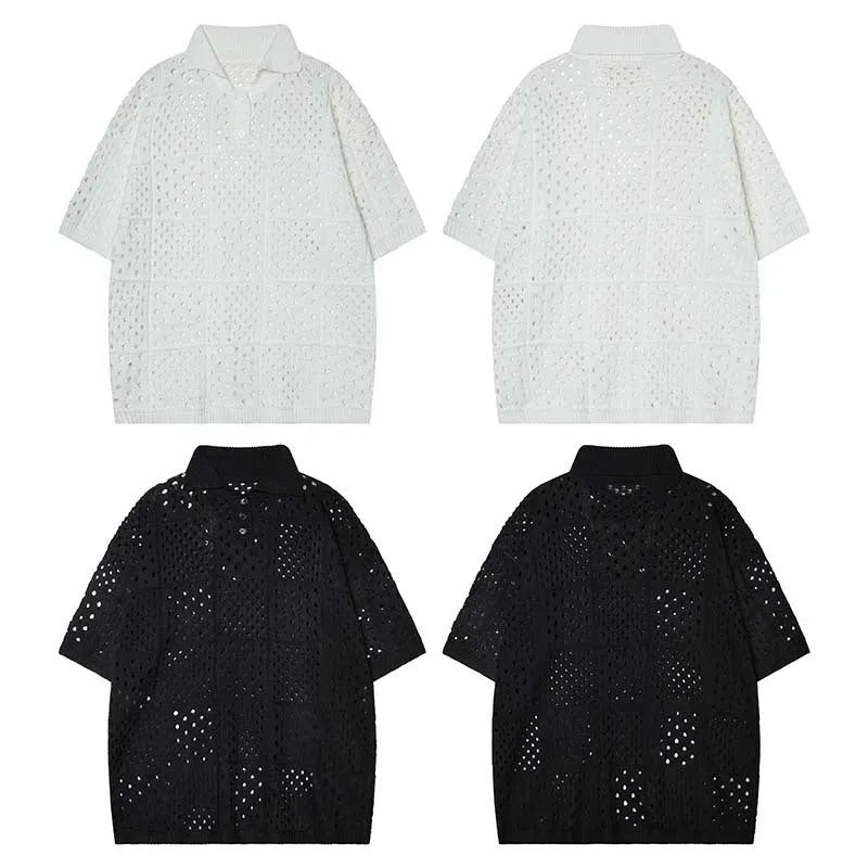 Black and white loose-fit short-sleeved knitting polo shirt with a hollow design for teenagers